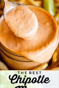 homemade chipotle mayo lifted from a jar on a spoon