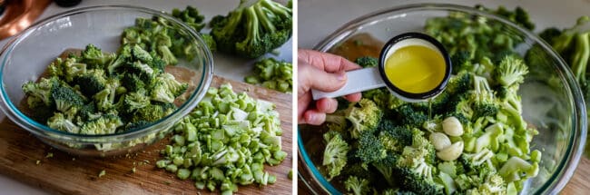 broccoli florets in a bowl on a cutting board, adding olive oil to the bowl of broccoli florets and chopped stems