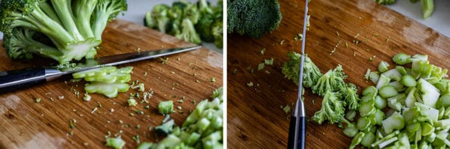 slicing the stem of broccoli on a cutting board, slitting broccoli florets from the stem end.