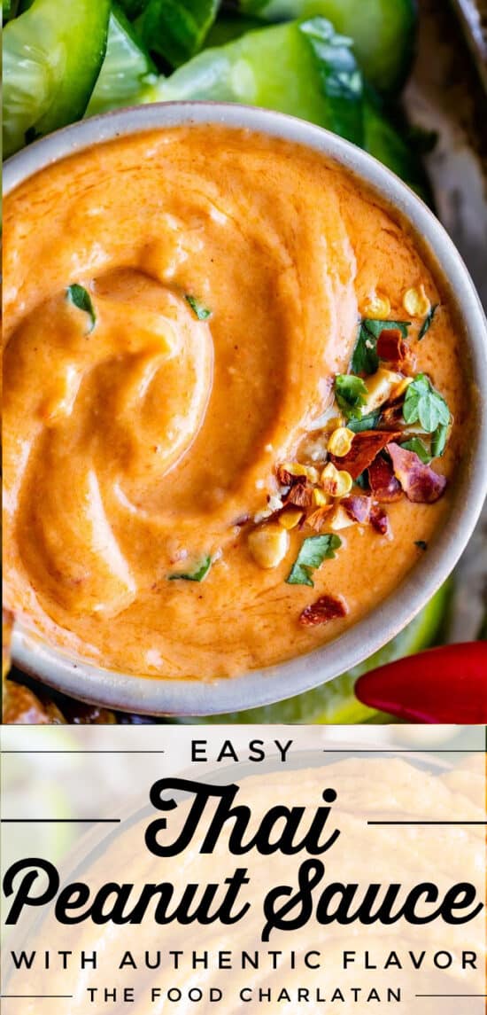 easy thai peanut sauce in a bowl with crushed red pepper and peanuts