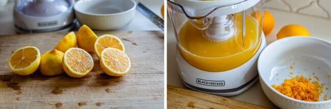 meyer lemons on a cutting board, zested and halved