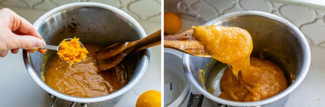 adding zest to lemon filling in a pot, lifting with a spoon