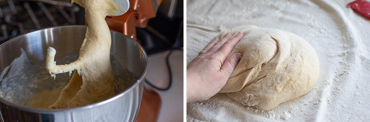 sweet roll dough in a bowl, the dough on a pastry cloth with hand kneading it