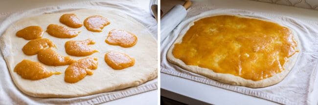 lemon filling spread on dough for sweet rolls