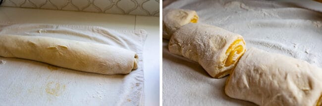 rolled up lemon roll dough, slicing the dough