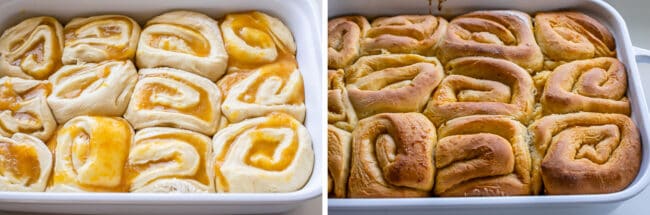 lemon rolls unbaked in a white dish, then baked