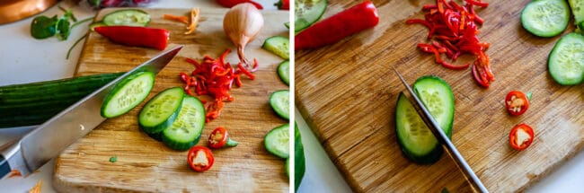 chopping cucumbers on a wooden cutting board.