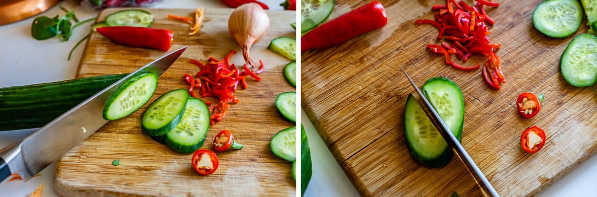 Thai Cucumber Relish for Satay 7 A wooden cutting board with a sharp knife slicing an English cucumber into thin, crisp rounds, ready for making Thai Cucumber Salad.