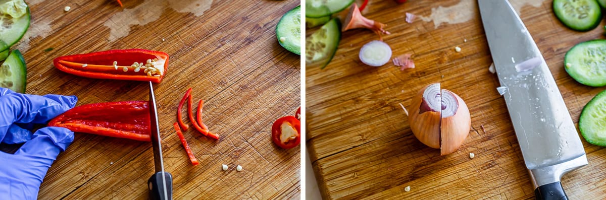 Thai Cucumber Relish for Satay 8 A cook wearing latex gloves slicing red chili peppers with a paring knife on a wooden cutting board, next to a halved shallot, demonstrating careful pepper preparation.