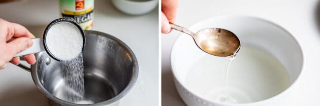 adding sugar to a pot, a spoon lifting simple syrup from a white bowl.