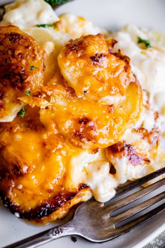 cheesy scalloped potatos on a plate with a fork