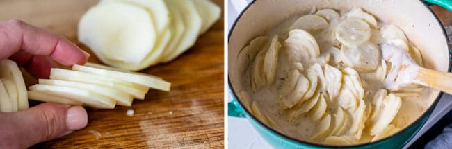 thinly sliced potatoes held in fingers, sliced potatoes in a pot of cream
