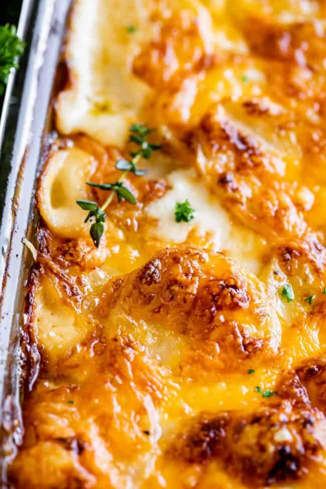 cheesy scalloped potatoes recipe in a pan topped with thyme