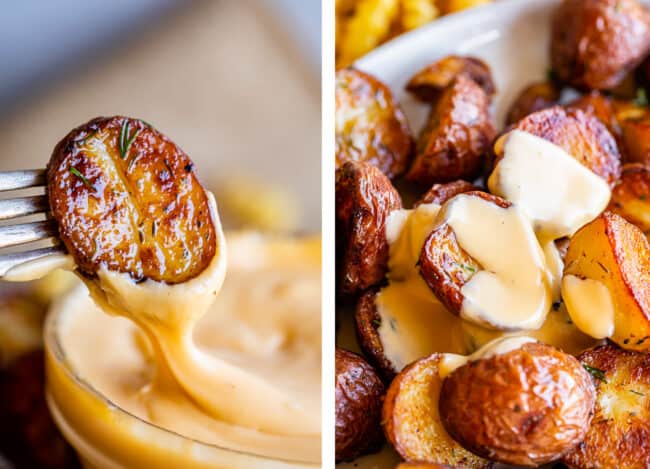 dipping a roasted red potato in cheese sauce, roasted red potatoes on a plate drizzled with cheese sauce.