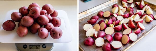 weighing 2 pounds of red potatoes and arranging the potatoes on a pan.