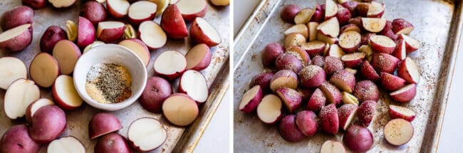 red potatoes on a sheet pan with a bowl of spices and adding the spices to the potatoes for roasting.