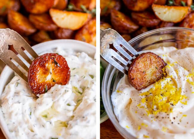 dipping roasted red potatoes on a fork in a bowl of tzatziki, dipping roasted red potatoes in aioli.