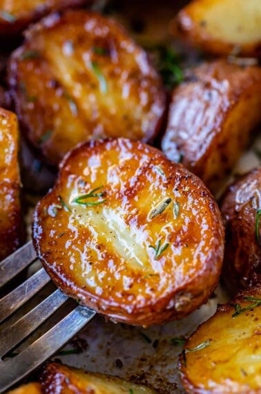 roasted red skin potatoes on a fork sprinkled with herbs