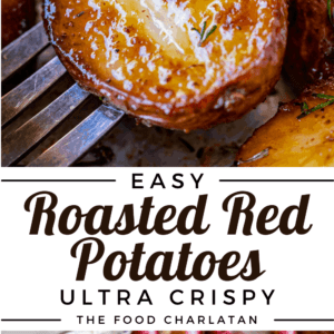 easy garlic roasted red potato on a fork