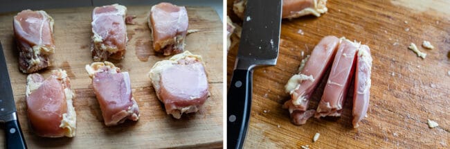 6 chicken thighs on a wooden cutting board, one thigh sliced into strips.