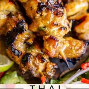 chicken satay skewers on a plate with cucumber slices