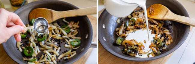 adding vinegar to a pan of sauteed onions and jalapenos, pouring cream