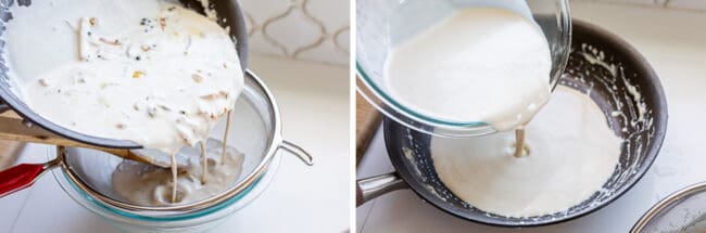 straining jalapenos and onions out of cream, pouring strained cream back in pan.