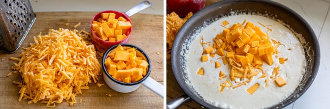 shredded cheddar cheese and cubed American cheese on a cutting board, adding to cream sauce in a pan.