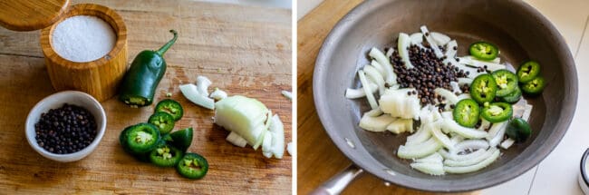 salt, peppercorns, sliced jalapeno, and sliced onion on a wooden cutting board, then in a pan