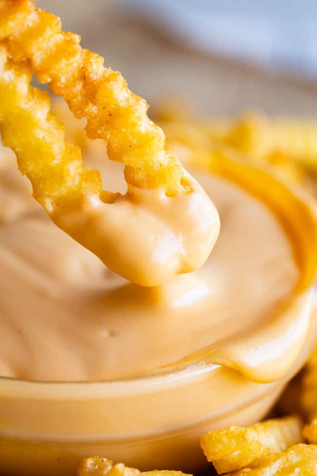 cheese sauce for fries, dipping fries into the bowl.