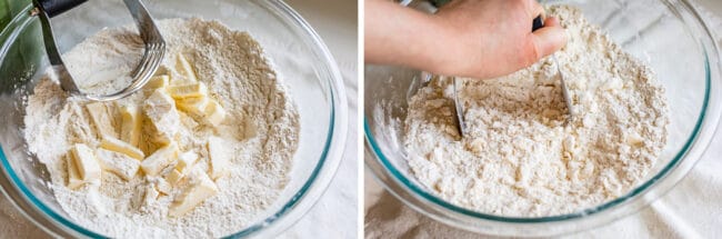 cutting butter into flour in a glass bowl with a pastry knife