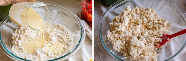 adding buttermilk to a bowl of flour and butter, stirring it together with a red spatula.