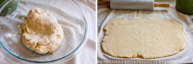 kneaded dough in a glass bowl, dough rolled out in a rectangle.