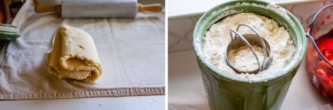 rolled out dough folded in quarters, a canister of flour with a biscuit cutter in it.