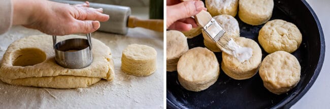 pressing a biscuit cutter into dough, brushing the tops of biscuits with cream.