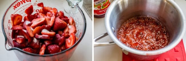 strawberries in a bowl with sugar sprinkled on top, jam in a pot bubbling