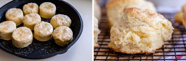 uncooked biscuits in a pan, a baked flaky biscuit on a cooling rack.