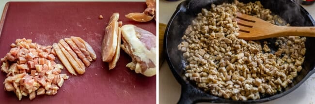 partially frozen chicken sliced and diced, then seared in a pan