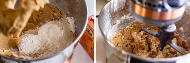 photo 1: dry ingredients on top of wet ingredients in a stand mixer, photo 2: stirring cookie dough in a stand mixer