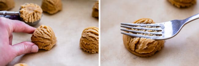 photo 1: fingers holding a ball of cookie dough, photo 2: smashing dough with fork