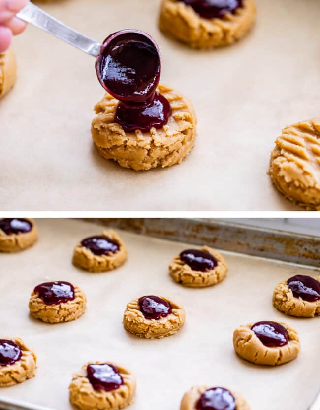 photo 1: adding jam to the top of cookie dough, photo 2: unbaked peanut butter and jelly cookies on a pan