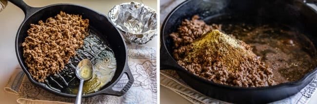 draining grease from a pan of taco meat, adding seasoning.