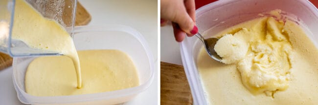 pouring pineapple mixture from blender into container, spooning out mixture after freezing