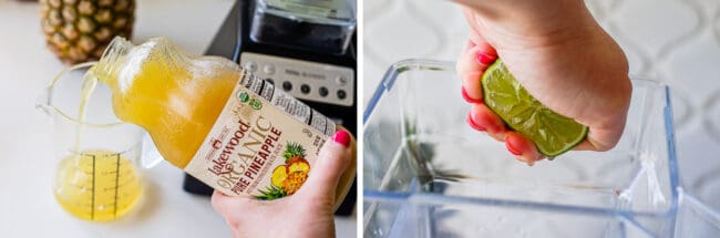 pouring pineapple juice into a measuring cup, squeezing a lime into a blender.