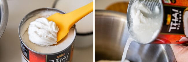 scooping out the cream from a can of coconut milk, pouring milk into a pot.