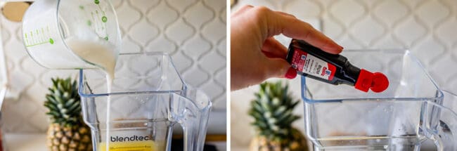 adding cream of coconut to a blender, adding rum extract to a blender.