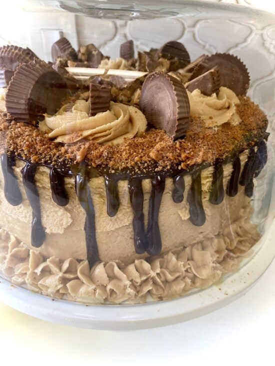 peanut butter chocolate cake with Reese's peanut butter cups and crushed Butterfinger candy.