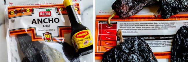 ancho chiles in a bag, maggi seasoning in a bottle