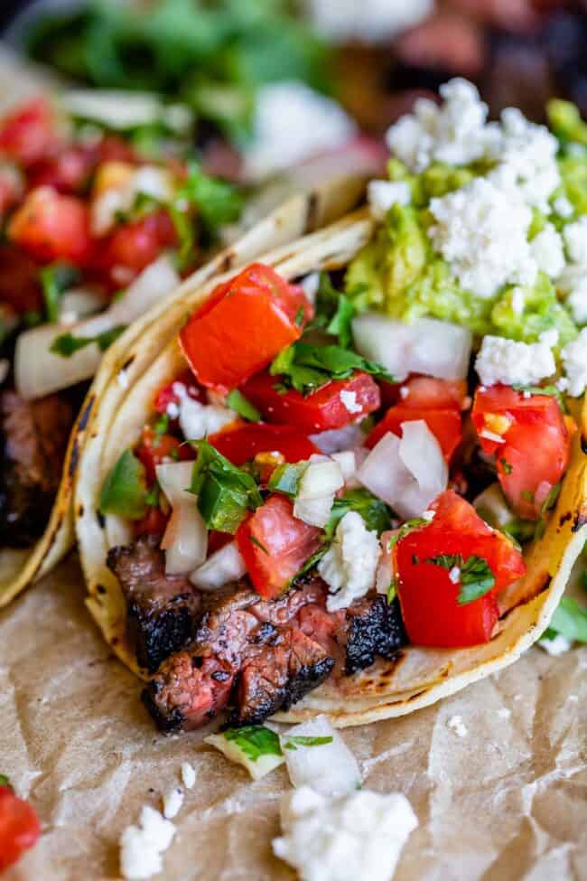 carne asada meat in a tortilla with pico de gallo