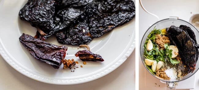 ancho chili with stem snipped off, overhead photo of marinade ingredients in a food processor.